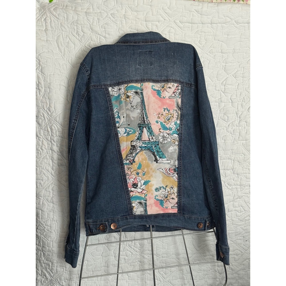 Cavalini upcycled Denim Jacket Eiffel Tower Floral Mixed Media Blue Jean Jacket
